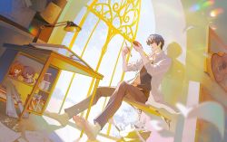 Rule 34 | 1boy, barefoot, black shirt, blue pants, blue sky, chair, closed mouth, cloud, cloudy sky, doll, full body, guitar, highres, holding, holding brush, indoors, instrument, jacket, lamp, long sleeves, marius von hagen (tears of themis), pants, purple eyes, purple hair, rosa (tears of themis), shadow, shirt, short hair, sitting, sky, smile, soles, solo, table, tears of themis, toes, white jacket, window, yiy1123