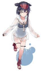 Rule 34 | 1girl, asymmetrical hair, black hair, boots, breasts, closed mouth, dress, framed breasts, full body, gloves, headgear, headset, i-13 (kancolle), kantai collection, leg up, long sleeves, medium breasts, one-piece swimsuit, red footwear, rudder footwear, sailor collar, sailor dress, satsumi, see-through, short dress, short hair, simple background, single glove, solo, swimsuit, swimsuit under clothes, toeless footwear, two-tone background, white dress