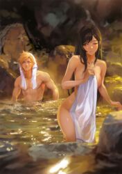 Rule 34 | 1boy, 1girl, black hair, blonde hair, blue eyes, breasts, closed mouth, cloud strife, covering privates, final fantasy, final fantasy vii, highres, large breasts, long hair, looking to the side, mixed-sex bathing, naked towel, nude, nude cover, one eye closed, onsen, parted lips, red eyes, rock, shared bathing, spiked hair, spykeee, steam, tifa lockhart, towel, towel on head, twitter username, water, watermark, web address, wet, wide-eyed