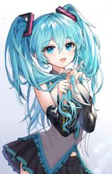 Rule 34 | 1girl, :d, aqua eyes, aqua hair, bare shoulders, black skirt, black sleeves, blush, bunching hair, collared shirt, commentary, cowboy shot, detached sleeves, frilled shirt, frills, gradient background, grey background, grey shirt, hair ornament, twirling hair, hatsune miku, highres, holding, holding hair, index finger raised, lerome, long hair, long sleeves, looking at viewer, midriff peek, miniskirt, open mouth, pleated skirt, shirt, skirt, smile, solo, twintails, very long hair, vocaloid