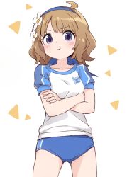 Rule 34 | 1girl, :t, ahoge, blue buruma, blue eyes, blue hairband, blush, breasts, brown hair, buruma, can&#039;t be this cute, closed mouth, collarbone, cowboy shot, crossed arms, flower, gym shirt, gym uniform, hair flower, hair ornament, hairband, idolmaster, idolmaster million live!, pout, puffy short sleeves, puffy sleeves, shirt, short sleeves, simple background, small breasts, solo, suou momoko, tadanoshi kabane, triangle, v-shaped eyebrows, white background, white flower, white shirt