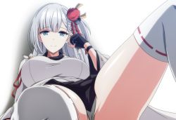 Rule 34 | 1girl, arm up, azur lane, black gloves, blue eyes, breasts, closed mouth, feet out of frame, fingerless gloves, gloves, hair ornament, japanese clothes, kimono, large breasts, long hair, looking at viewer, makiri akira, mole, mole under eye, shoukaku (azur lane), sitting, smile, solo, thighhighs, thighs, white background, white hair, white kimono, white thighhighs