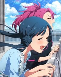 Rule 34 | 2girls, blue hair, card (medium), closed eyes, cloud, idolmaster, idolmaster million live!, idolmaster million live! theater days, jewelry, kitakami reika, low twintails, maihama ayumu, multiple girls, necklace, official art, open mouth, pink hair, ponytail, railing, twintails