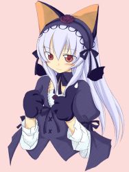 Rule 34 | 00s, 1girl, animal ears, animal hands, cat ears, goth fashion, lolita fashion, pink background, rozen maiden, simple background, solo, suigintou, takami ryou