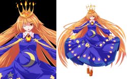 Rule 34 | 1girl, absurdly long hair, alphes (style), black background, crown, dress, female focus, fire, full body, highres, long hair, multiple views, nikka (cryptomeria), original, parody, red eyes, shoes, socks, standing, style parody, touhou, transparent background, very long hair