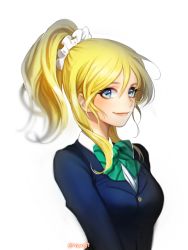 Rule 34 | 10s, 1girl, aegyo, artist name, ayase eli, bad id, bad twitter id, blazer, blonde hair, blue eyes, blurry, bow, bowtie, green bow, hair between eyes, high ponytail, jacket, love live!, love live! school idol project, ponytail, school uniform, sideways glance, smile, solo, striped, striped bow, upper body, white background