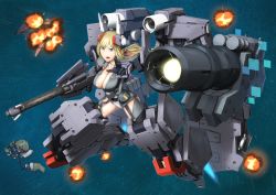Rule 34 | 1girl, alice gear aegis, bad id, bad pixiv id, blonde hair, blue eyes, breasts, cleavage, collarbone, explosion, flying, grey jacket, gun, highres, holding, holding gun, holding weapon, jacket, large breasts, low ponytail, mecha musume, open mouth, rita henschel, shoulder cannon, solo, space, v-shaped eyebrows, weapon, yaki (24centimetre)
