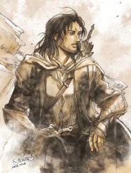 Rule 34 | 1boy, aragorn, armor, arrow (projectile), beard, breastplate, cape, dated, facial hair, highres, jewelry, kazuki-mendou, long hair, male focus, parted lips, quiver, ring, robe, signature, sitting, solo, the lord of the rings, tolkien&#039;s legendarium, tolkien's legendarium