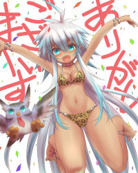 Rule 34 | 1girl, ahoge, animal print, anklet, barefoot, bikini, bird, blue eyes, fang, jewelry, jumping, leopard print, long hair, navel, open mouth, original, owl, pointy ears, solo, swimsuit, thick thighs, thighs, tiger print, tsukigami chronica, very long hair, white hair