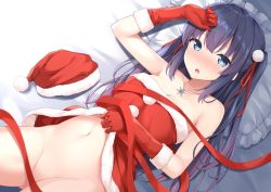 Rule 34 | 1girl, arm up, bare shoulders, blue eyes, blue hair, blush, breasts, christmas, cleavage, clothes lift, commentary request, dress, dress lift, gloves, groin, hat, jewelry, karutamo, lifting own clothes, long hair, looking at viewer, lying, medium breasts, navel, necklace, no panties, nose blush, on back, one side up, original, parted lips, pillow, rakugaki-chan, red dress, red gloves, red hat, red ribbon, ribbon, santa dress, santa hat, solo, stomach, strapless, strapless dress, unworn hat, unworn headwear