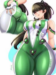 Rule 34 | 1girl, anisdrawn, artist name, ass, black hair, blunt bangs, bodysuit, breasts, brown eyes, commentary, curvy, english commentary, eve (stellar blade), green bodysuit, hand on own ass, highres, huge ass, impossible bodysuit, impossible clothes, large breasts, long hair, looking at viewer, multicolored bodysuit, multicolored clothes, official alternate hair length, official alternate hairstyle, parted lips, planet diving suit (7th) (stellar blade), ponytail, seductive smile, silver bodysuit, smile, stellar blade, thick thighs, thighs, tight clothes, white background, white bodysuit, wide hips