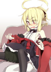 Rule 34 | 1boy, 1girl, ahoge, airi (ogami kazuki), bags under eyes, black bow, black bowtie, black pantyhose, black skirt, blonde hair, blouse, bow, bowtie, breasts, commentary, couch, face in crotch, fangs, glasses, hair between eyes, hair bow, hair bun, head between thighs, hetero, highres, huge ahoge, jitome, long hair, looking at another, ogami kazuki, open mouth, original, pale skin, pantyhose, pleated skirt, red eyes, ribs, rimless eyewear, shirt, sidelocks, single hair bun, sitting, skinny, skirt, sleeveless, sleeveless shirt, slit pupils, small breasts, surprised, vampire