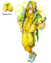 Rule 34 | 1boy, absurdres, coat, floral print, food, fruit, full body, goggles, green eyes, green hair, headphones, headphones around neck, highres, hood, hood up, hooded jacket, jacket, lemon, long sleeves, looking at viewer, male focus, open mouth, original, pants, personification, print shirt, rinotuna, shadow, shirt, shoes, short hair, simple background, smile, solo, standing, white background, white footwear, yellow coat, yellow jacket, yellow pants, yellow shirt