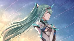 Rule 34 | 1girl, breasts, earrings, gloves, green eyes, green hair, hands on own chest, highres, jewelry, large breasts, long hair, pneuma (xenoblade), ponytail, sarasadou dan, shooting star, sky, smile, solo, spoilers, star (sky), starry sky, tiara, upper body, very long hair, xenoblade chronicles (series), xenoblade chronicles 2