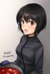 Rule 34 | 1girl, artist name, bad id, bad twitter id, black hair, black jacket, brave witches, food, gradient background, grey background, haruhata mutsuki, holding, jacket, looking at viewer, military, military uniform, open mouth, oven mitts, pot, purple eyes, shimohara sadako, short hair, signature, smile, solo, standing, twitter username, uniform, world witches series
