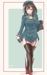 Rule 34 | 1girl, ascot, beret, black gloves, black hair, black thighhighs, blue background, blue hat, breasts, folder, full body, garter straps, gloves, hat, high heels, highres, holding, holding folder, kantai collection, large breasts, looking at viewer, military, military uniform, miniskirt, open mouth, red eyes, short hair, skirt, solo, takao (kancolle), thighhighs, thrux, uniform, white background