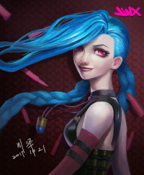 Rule 34 | 1girl, absurdly long hair, absurdres, ammunition belt, arm strap, bare shoulders, bikini, bikini top only, blue hair, braid, bullet, bullet necklace, elbow gloves, gloves, highres, jewelry, jinx (league of legends), league of legends, lipstick, long hair, makeup, necklace, pink eyes, swimsuit, twin braids, very long hair