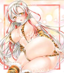 Rule 34 | 1girl, absurdres, animal print, artist name, ass, at classics, blush, breasts, bridal gauntlets, cleavage, clothes pull, covered erect nipples, fur trim, hair between eyes, hair tubes, highres, horns, kneehighs, large breasts, long hair, looking at viewer, multicolored hair, one-piece swimsuit pull, oni, open mouth, orange eyes, original, pointy ears, print swimsuit, pulling own clothes, red hair, resized, sample watermark, slingshot swimsuit, smile, socks, solo, swimsuit, thick thighs, thighhighs, thighlet, thighs, tiger print, two-tone hair, upscaled, very long hair, watermark, wedgie, white hair