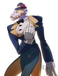 Rule 34 | 184nx, android, bow, bowing, bowler hat, bowtie, cowboy shot, flower, formal, gloves, hat, ottomo (skullgirls), robot, rose, skullgirls, suit, thigh gap, white background
