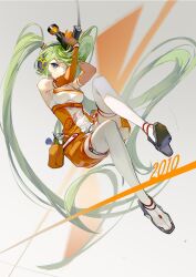Rule 34 | 1girl, blue eyes, elbow gloves, gas pump nozzle, gloves, goodsmile racing, green hair, hatsune miku, headphones, highres, holding, long hair, looking at viewer, multicolored clothes, multicolored footwear, orange gloves, pocket, puffy shorts, race queen, racing miku, racing miku (2010), rumoon, short jumpsuit, shorts, simple background, smiley face, solo, sports bra, tools, twintails, very long hair, vocaloid, white sports bra