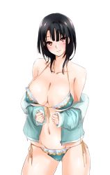 Rule 34 | 10s, 1girl, adapted costume, bare shoulders, bikini, black hair, blush, breasts, cleavage, clothes pull, cowboy shot, female focus, front-tie top, highres, hood, hoodie, huge breasts, kantai collection, light smile, looking at viewer, mogi yasunobu, navel, open clothes, open hoodie, pink eyes, shirt pull, short hair, side-tie bikini bottom, smile, solo, swimsuit, takao (kancolle), transparent background