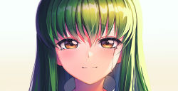 Rule 34 | 1girl, blush, c.c., closed mouth, code geass, collar, green hair, hair between eyes, highres, long hair, looking at viewer, muo (muojjang 0929), portrait, simple background, smile, solo, straight-on, tears, white background, yellow eyes