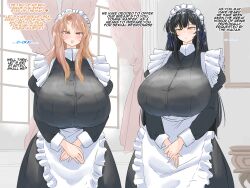 Rule 34 | 2girls, absurdres, age difference, apron, black hair, breasts, brown eyes, brown hair, character age, english text, facing viewer, frills, highres, huge breasts, indoors, looking at viewer, maid, maid apron, maid headdress, multiple girls, okiami813, open mouth, standing, third-party edit, translated, yellow eyes