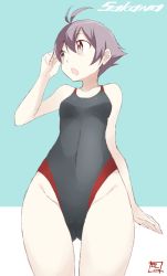Rule 34 | 10s, 1girl, :o, antenna hair, bad id, bad twitter id, character name, collarbone, competition swimsuit, covered navel, cowboy shot, kantai collection, looking away, one-piece swimsuit, open mouth, orange eyes, purple hair, sakawa (kancolle), shigino sohuzi, short hair, solo, swimsuit, two-tone background