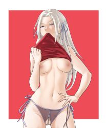Rule 34 | 1girl, breasts, convenient censoring, crotchless, crotchless panties, edelgard von hresvelg, fire emblem, fire emblem: three houses, highres, looking at viewer, medium breasts, nintendo, nipples, panties, pearl thong, pomelomelon, purple eyes, solo, underwear, white hair