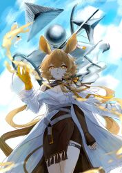 Rule 34 | 1girl, animal ears, arknights, asymmetrical gloves, black gloves, blonde hair, blue sky, breasts, brown skirt, cleavage, cowboy shot, dorothy (arknights), elbow gloves, fingerless gloves, gloves, hair between eyes, hand up, highres, joul 0704, long sleeves, mismatched gloves, mouse ears, mouse girl, object, outdoors, shirt, skirt, sky, small breasts, solo, white shirt, yellow eyes, yellow gloves