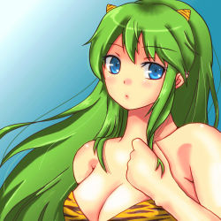 Rule 34 | 1girl, animal print, bare shoulders, blue eyes, breasts, cleavage, clenched hand, female focus, green hair, hanako (haruhina2000), holding, holding own hair, horns, long hair, looking at viewer, lum, solo, strapless, tiger print, upper body, urusei yatsura