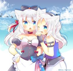 Rule 34 | 2girls, animal ear fluff, animal ears, apron, azur lane, bird, black bow, black dress, black gloves, black hairband, black sleeves, blue eyes, blue shirt, blue sky, blush, bow, breasts, cat ears, cloud, cloudy sky, collarbone, commentary request, day, detached sleeves, dress, fingerless gloves, fingernails, frilled apron, frills, gloves, hair between eyes, hair bow, hairband, hammann (azur lane), hand on own hip, kou hiyoyo, long hair, multiple girls, one eye closed, one side up, open mouth, outdoors, puffy short sleeves, puffy sleeves, red bow, remodel (azur lane), sailor collar, shirt, short sleeves, sims (azur lane), sky, sleeveless, sleeveless shirt, small breasts, strapless, strapless dress, twitter username, waist apron, white apron, white hair, white sailor collar, wrist cuffs