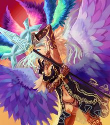 Rule 34 | 1girl, absurdres, arm up, armor, armpits, bad id, bad pixiv id, blue eyes, colorful, elbow gloves, gloves, head wings, highres, kansou samehada, lips, lord of vermilion, midriff, navel, polearm, silver hair, solo, spear, thighhighs, valkyrie, valkyrie (lord of vermilion), weapon, wings