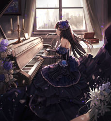 Rule 34 | 1girl, bang dream!, black dress, black hair, black sleeves, blue flower, blue rose, bow, bridal gauntlets, closed mouth, detached sleeves, dress, floating hair, flower, from side, full body, grey flower, grey rose, hair between eyes, hair bow, hair flower, hair ornament, highres, indoors, instrument, layered dress, long dress, long hair, long sleeves, music, petals, playing instrument, playing piano, profile, purple bow, purple eyes, purple flower, purple rose, rose, roselia (bang dream!), shirokane rinko, sitting, sleeveless, sleeveless dress, solo, strapless, strapless dress, striped, striped bow, very long hair, yuzuriha (atelier liang)