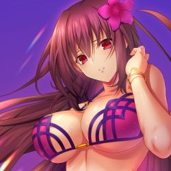 Rule 34 | 1girl, alternate costume, bikini, bracelet, breasts, emanon123, fate/grand order, fate (series), flower, hair flower, hair intakes, hair ornament, hand in own hair, hibiscus, highres, jewelry, large breasts, looking at viewer, ocean, outdoors, parted lips, pink bikini, purple bikini, purple hair, red eyes, scathach (fate), scathach (fate), scathach (swimsuit assassin) (fate), smile, solo, sunset, swimsuit, upper body