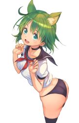 Rule 34 | 1girl, :d, absurdres, animal ears, ass, black panties, black thighhighs, blue eyes, choker, collarbone, foreshortening, from above, green hair, highres, looking at viewer, looking up, no pants, open mouth, panties, paw pose, ponzu (catponz), sailor collar, short hair, simple background, skindentation, smile, solo, thighhighs, underwear, white background