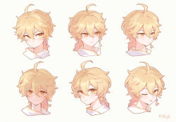 Rule 34 | 1boy, ;p, aether (genshin impact), ahoge, blonde hair, blush, closed mouth, earrings, genshin impact, hair between eyes, highres, jewelry, kiri (sunny-ziyun), looking at viewer, male focus, one eye closed, parted lips, scarf, short hair with long locks, simple background, smile, tongue, tongue out, white background, white scarf, yellow eyes