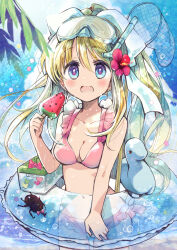 Rule 34 | 1girl, air (visual novel), beetle, bikini, blonde hair, blue eyes, bow, box, breasts, bug, butterfly net, cleavage, flower, food, fruit, goggles, goggles on head, hair bow, hair flower, hair ornament, hand net, highres, innertube, insect, instrument, izumi rei, kamio misuzu, large breasts, long hair, open mouth, outdoors, palm tree, pink bikini, ponytail, red flower, sauropod, solo, swim ring, swimsuit, tree, tuba, watermelon, watermelon slice, white bow