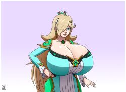Rule 34 | 1girl, blonde hair, blue eyes, breasts, chest jewel, cleavage, crown, earrings, female focus, fusion, gigantic breasts, gradient background, hair over one eye, hand on own hip, highres, jewelry, long hair, mario (series), mythra (xenoblade), nintendo, purple background, rosalina, solo, super mario galaxy, xenoblade chronicles (series), xenoblade chronicles 2, ydbunny