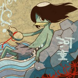 Rule 34 | 10s, 1boy, character name, colored skin, gourd, green skin, kappa, kappa (youkai watch), male focus, nature, navel, plant, solo, umi (srtm07), underwater, water, traditional youkai, youkai watch