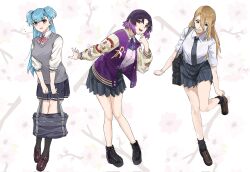 3girls alternate_costume arm_up bag black_footwear black_skirt blonde_hair blue_eyes blue_hair blue_necktie bow bowtie breasts brown_eyes brown_sleeves buttons choppy_bangs collared_shirt commentary contrapposto cross-laced_footwear english_commentary eyelashes ezo_yakumo floral_background food food_in_mouth full_body hairstyle_request handbag highres jacket jewelry letterman_jacket long_hair long_sleeves looking_at_viewer looking_to_the_side mato_seihei_no_slave medium_breasts miniskirt multicolored_clothes multicolored_hair multicolored_jacket multiple_girls necktie open_mouth outstretched_arm platform_footwear pleated_skirt pointing pointing_at_self purple_hair purple_jacket red_eyes ring saikiseiya school_uniform shirt simple_background skirt standing teeth tongue tsukiyono_bell two-tone_hair two-tone_jacket varvara_pilipenko white_background white_shirt