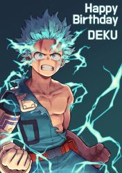 Rule 34 | 1boy, artist name, belt, blue eyes, bodysuit, boku no hero academia, character name, clenched hands, clenched teeth, collarbone, commentary, elbow gloves, electricity, freckles, gloves, gradient background, green background, green bodysuit, green hair, happy birthday, looking at viewer, male focus, midoriya izuku, modo (modo s2), red belt, short hair, single glove, solo, spoilers, teeth, torn bodysuit, torn clothes, white gloves