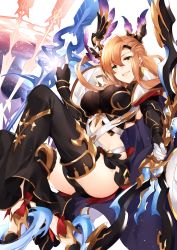Rule 34 | 1girl, black thighhighs, bow (weapon), brown hair, cape, commentary request, gauntlets, granblue fantasy, headdress, high heels, highres, hizuki miya, long hair, looking at viewer, skirt, solo, thighhighs, tweyen (granblue fantasy), weapon, yellow eyes