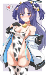 Rule 34 | 1girl, absurdres, animal ears, animal print, bare shoulders, black gloves, blue archive, blush, breasts, cleavage, collarbone, commentary, covered erect nipples, cow print, cowboy shot, fake animal ears, fake horns, forehead, gloves, half gloves, halo, highleg, highres, horns, jacket, long hair, machismo fuji, medium breasts, neck bell, off shoulder, open clothes, open jacket, parted bangs, purple eyes, purple hair, solo, sweat, thighhighs, two-tone background, yuuka (blue archive)