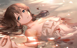 Rule 34 | 1girl, a maru, artist name, bad id, bad pixiv id, bare arms, bare shoulders, blood, blood from mouth, breasts, brown hair, cleavage, collarbone, commentary request, dress, from side, hair between eyes, holding hands, long hair, looking at viewer, lying, medium breasts, off-shoulder dress, off shoulder, on back, original, parted lips, partially submerged, shiny skin, solo focus, tears, upper body, water, white dress