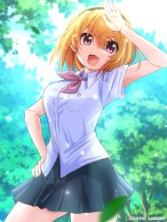 Rule 34 | 1girl, :d, absurdres, arm up, black hairband, black skirt, blonde hair, blurry, blurry background, blurry foreground, bow, bowtie, collared shirt, day, dress shirt, fang, hair between eyes, hairband, hand on own hip, highres, higurashi no naku koro ni, houjou satoko, looking at viewer, medium hair, miniskirt, mizuno374, open mouth, outdoors, pink bow, pink bowtie, pleated skirt, red eyes, school uniform, shirt, short sleeves, skirt, smile, solo, st. lucia academy school uniform, v-shaped eyebrows, white shirt, wing collar