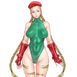 Rule 34 | 1girl, ahoge, beret, blonde hair, blue eyes, bodypaint, braid, breasts, cameltoe, cammy white, camouflage, cleft of venus, collarbone, covered erect nipples, covered navel, cowboy shot, curvy, elbow gloves, fingerless gloves, gloves, green leotard, hat, highleg, highleg leotard, huge ahoge, impossible clothes, impossible leotard, large breasts, leotard, lips, long braid, long hair, padded gloves, red gloves, scar, shiny skin, shu-mai, skin tight, solo, standing, street fighter, street fighter ii (series), thigh gap, twin braids, very long hair, white background, wide hips