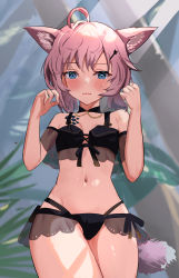 Rule 34 | 1girl, ahoge, animal ear fluff, animal ears, arknights, bare shoulders, bikini, black bikini, blue eyes, blurry, blurry background, blush, commentary request, depth of field, fox ears, fox girl, fox tail, hair ornament, hairclip, hands up, highres, material growth, navel, official alternate costume, oripathy lesion (arknights), parted lips, pink hair, see-through, solo, solokitsune, sussurro (arknights), sweat, swimsuit, tail