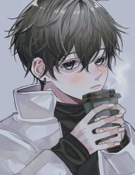 Rule 34 | 1boy, black hair, blue eyes, blush, closed mouth, cup, earrings, fingernails, grey background, hair between eyes, highres, holding, holding cup, jacket, jewelry, looking at viewer, male focus, original, short hair, solo, sosaku 25, upper body, white jacket