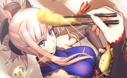 Rule 34 | 1girl, asymmetrical hair, bare shoulders, blue eyes, bowl, breasts, chopsticks, detached sleeves, fate/grand order, fate (series), food, food in mouth, hair between eyes, hair ornament, highres, japanese clothes, jewelry, kimono, large breasts, long hair, long sleeves, miyamoto musashi (fate), miyamoto musashi (first ascension) (fate), noodles, obi, pink hair, ponytail, saiki rider, sash, shrimp, shrimp tempura, solo, tempura, udon